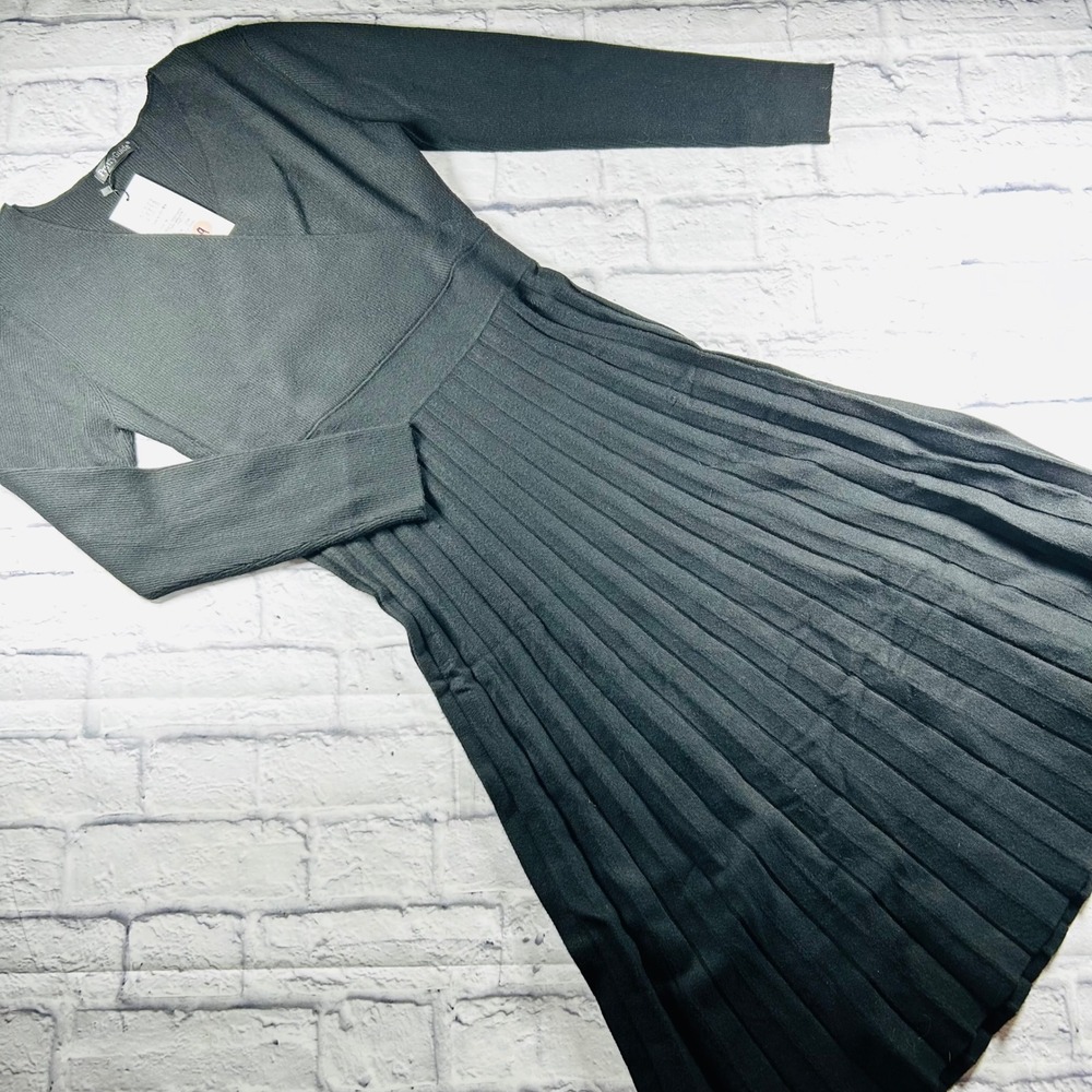 PrettyGuide Womens Black Wrap V-Neck Pleated Knit‎ Midi Sweater Dress Medium NWT